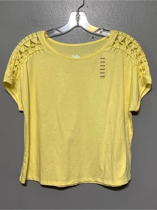 Justice Girls Yellow Glitter Sparkle Top Cutout Shoulder Cropped Tee 18/20 Y2K