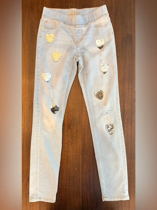 Light Blue Girl’s Size 12 Justice Jeans with Silver Sequin Hearts