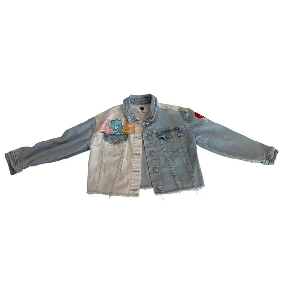 Justice Care Bears Girls Denim Jacket Blue White Colorblock Frayed Hem Size 7/8