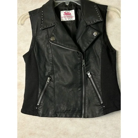 Justice Girls Black Faux Leather Moto Vest Studded Asymmetrical Zip Size 12/14