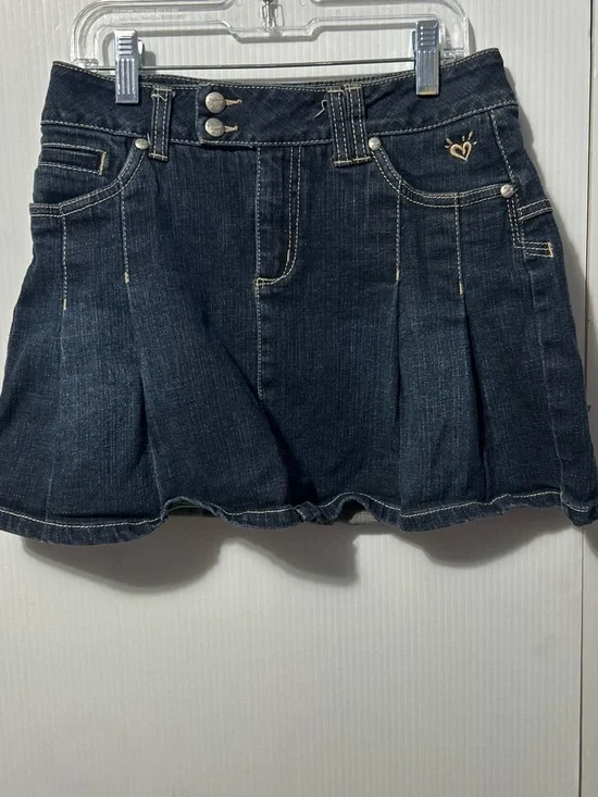 Justice Dark Blue Denim Pleated Skirt with Heart Detail