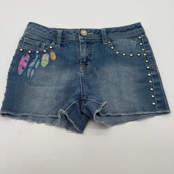 Justice Jeans Girls Denim Shorts Embroidered Feather Studded Blue Size 12R