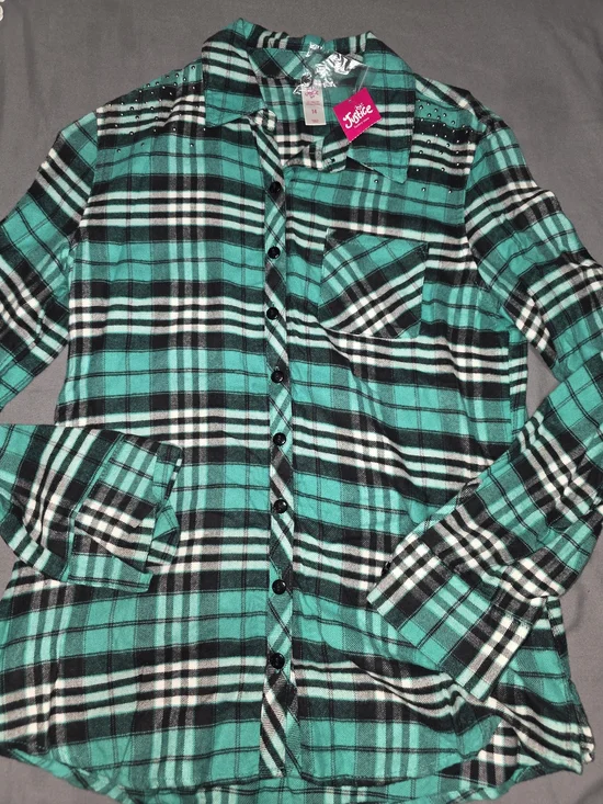 Justice Teal and Black Plaid Button Front Shirt