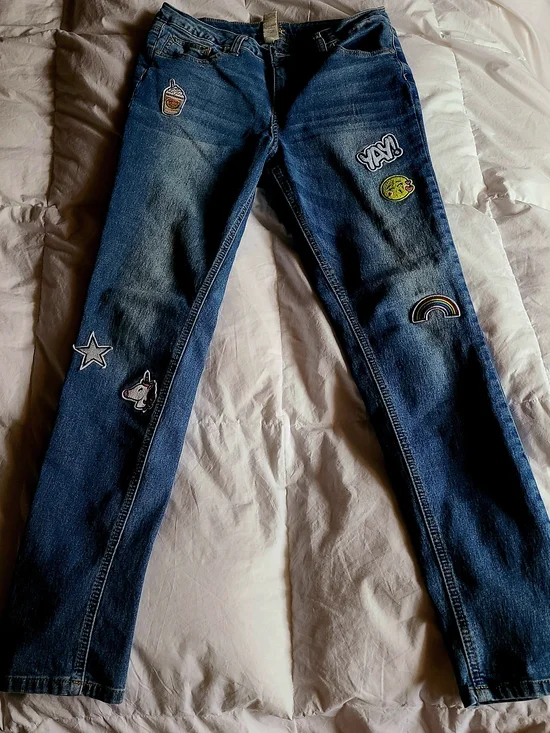 Justice Blue Denim Jeans with Fun Patch Embellishments