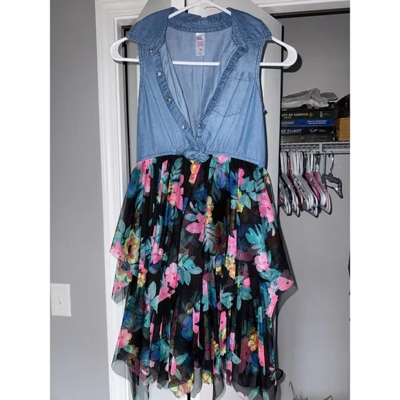 Justice Girls Size 10 Denim and Floral Tulle Tiered Mixed Media Tie‎ Front Dress