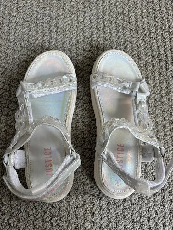 Justice White Iridescent Strappy Platform Sandals Size 5 Youth Kids