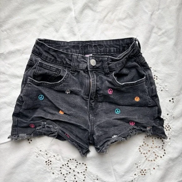 Justice‎ Peace Embroidered Design Denim Mini Mom Shorts Size 14 Girls Teen
