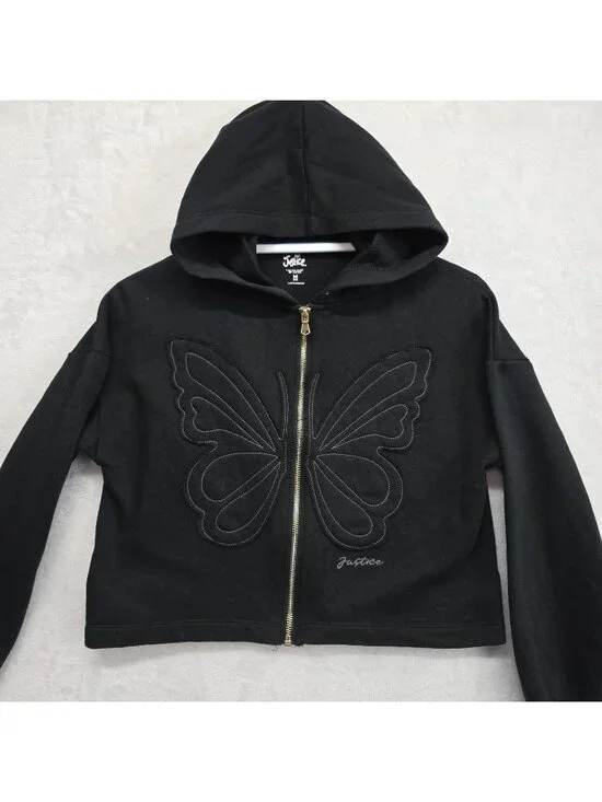 Justice Girls M (10) Butterfly Full Zip Hoodie Black Athleisure Kids Fleece EUC