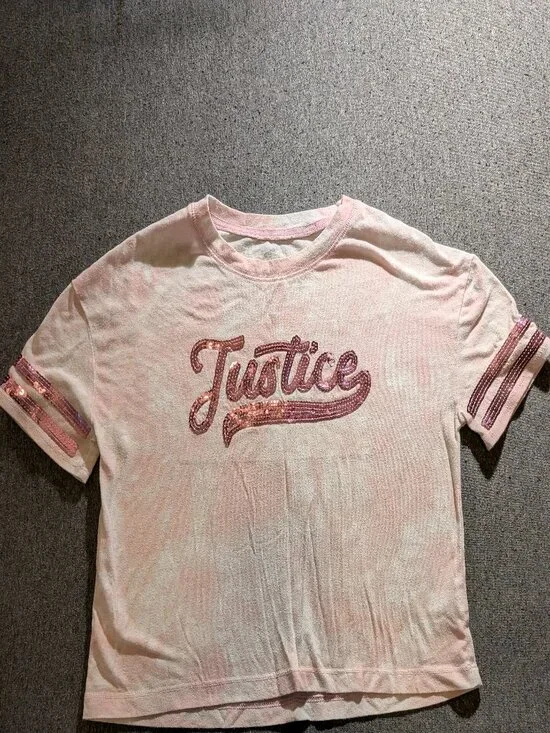 Justice Girls Size S 7/8 Pink Sequin Logo Tee Short Sleeve Sparkle Shirt