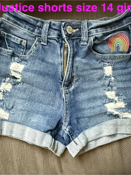 Justice Denim Shorts with Rainbow Pocket Patch - Blue