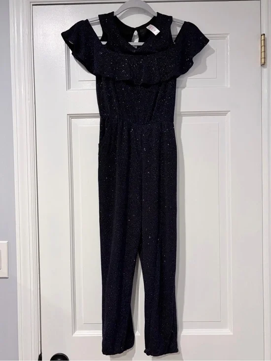 Justice Girls Sparkle Navy Blue Jumpsuit with Ruffle Neck