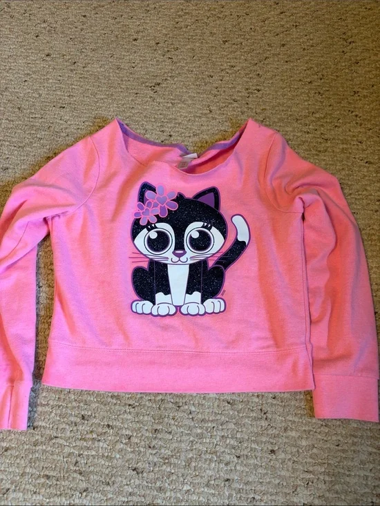 Justice Kids Girls Pink Long-Sleeve Cat Graphic Sweatshirt