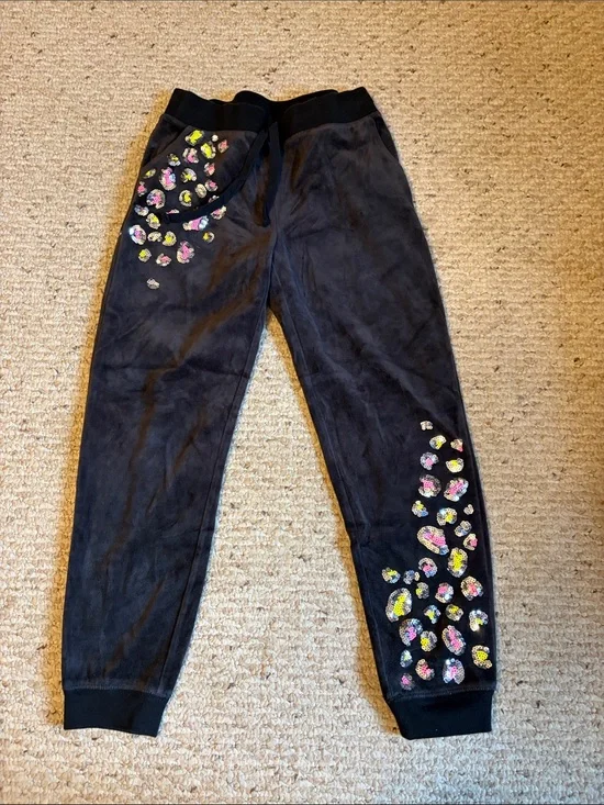 Justice Kids Girls Black Jogger Sweatpants with Colorful Floral Leopard Patches