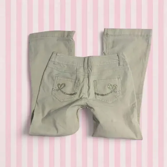 Justice Y2K Low Rise Flare Corduroy Pants with Rhinestone Heart Pockets