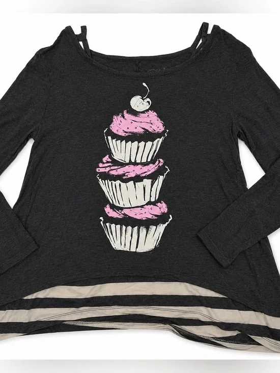 JUSTICE Cupcake Long Sleeve Tee Girls Size 10 Gray Pink Rhinestone Graphic Shirt