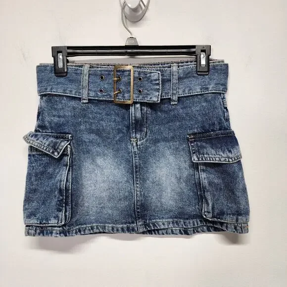 Justice Girls Denim Belted Cargo Skirt Size 12 26