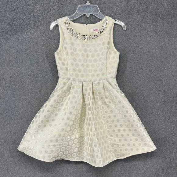 Justice Party Dress Girls 8 Cream Silver Metallic Polka Dot Sequin Embellished