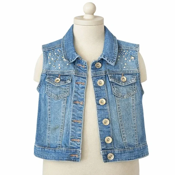 Justice Vest Denim Jean Embellished Bling Sleeveless Jacket Distressed Kid 10/12