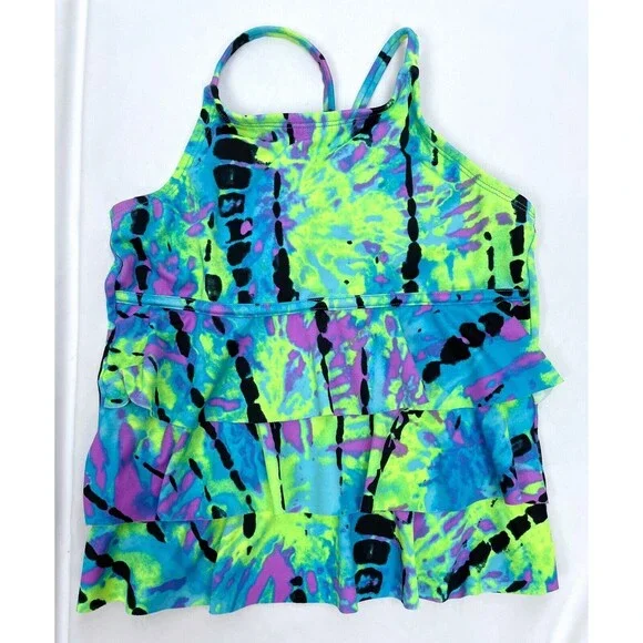 Justice Girl Size 10 Green Blue Splatter Ruffle Tankini Swim Suit‎ Top