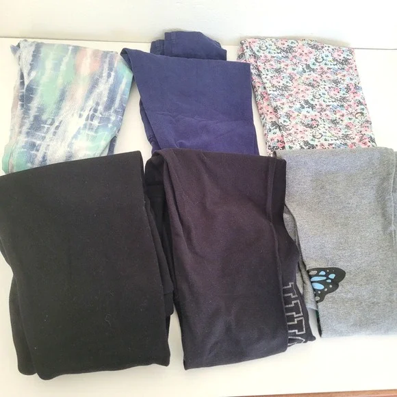Justice Girls Leggings Lot of 6 Size 12 Tie Dye Floral Butterfly Black Gray Blue