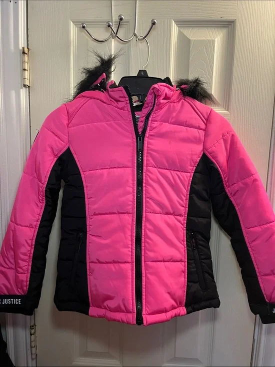 Justice Hot Pink and Black Girls' Puffer Jacket with Removable Faux Fur Trim