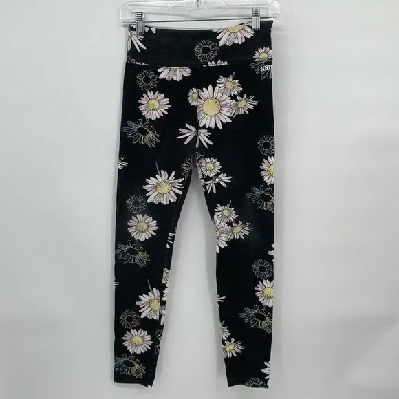 Justice Black Floral White Daisy Elastic Waist Leggings XL 16/18