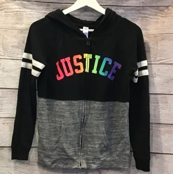 Justice Rainbow Logo Full Zip Hoodie Hooded Sweatshirt Grey Black Girl's 8/10