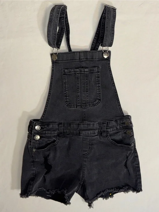Justice Shortalls Girl’s XL 14 Black Denim Jean Overall Shorts Cut Off Raw Hem
