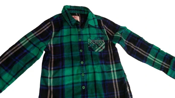 Justice Girls 8 Blue Teal Plaid Long Sleeve Button-up with Rhinestones