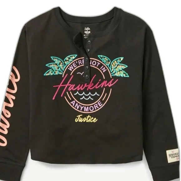Justice Girls S STRANGER THINGS Long Sleeve Black Henley Shirt SIZE 7-8 NEW
