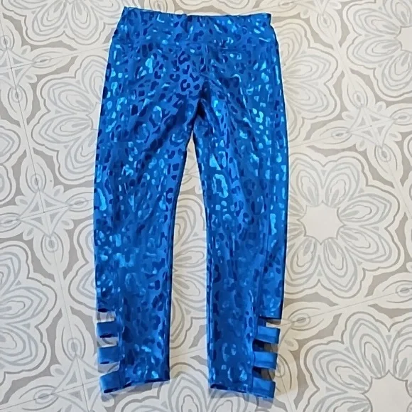 Girls Athletic Spandex Stretch Pants Electric Blue Leopard animal  sz 12 JUSTICE