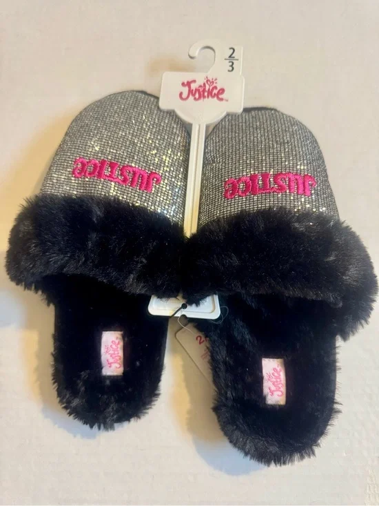 Justice Glitter Slide Slippers with Pink Logo and Black Faux Fur