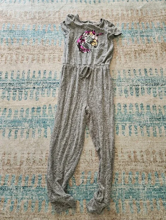 Girls Gray Knit Unicorn Sequin Jumpsuit