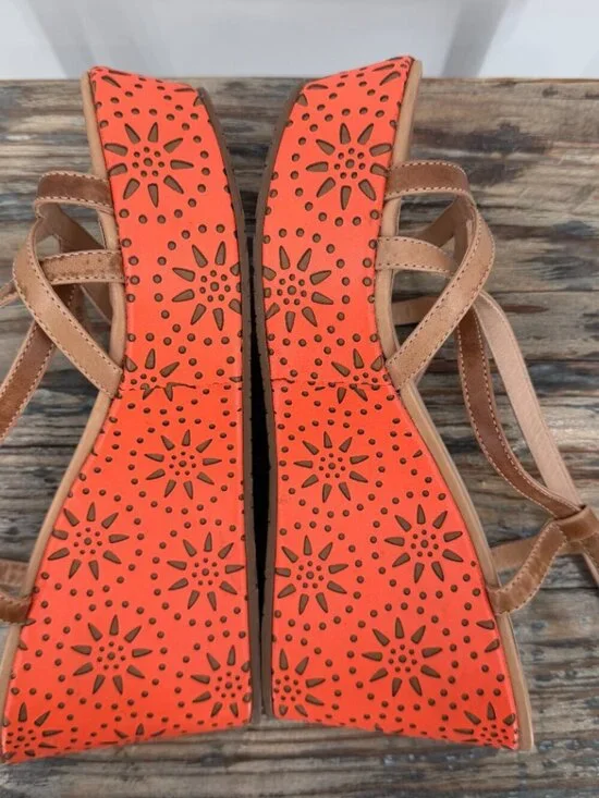 Kate Spade New York Womens 7.5 Leather Strappy Wedge Sandals Orange Cutout