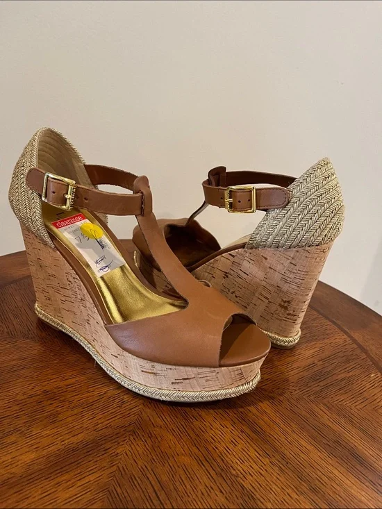 🆕 Lauren Ralph Lauren Sheila Gold Metallic Cork Platform T-Strap Leather Sandals