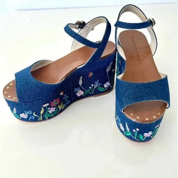 Etienne Aigner Sofhia Floral Embroidered Denim Platform Strappy Shoes‎ Size 6.5