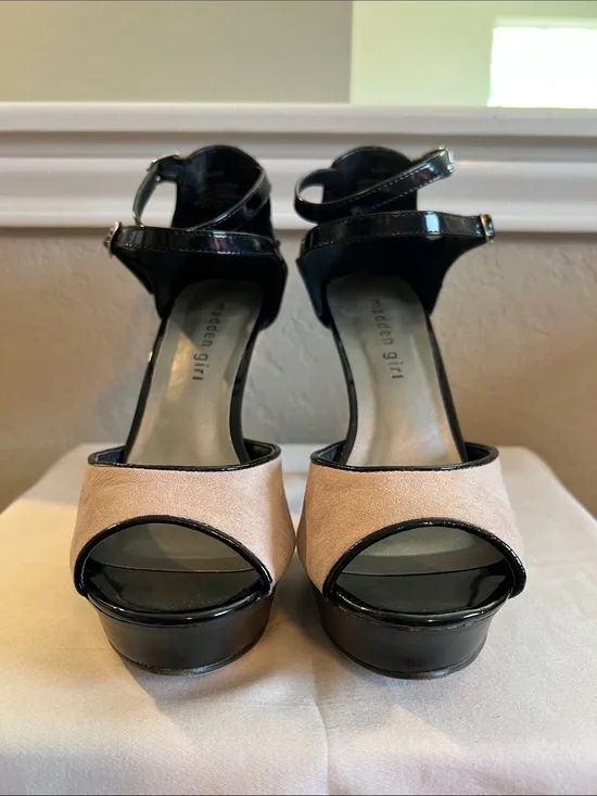 Madden Girl Black Patent and Blush/Tan Platform Ankle-Strap Sandals