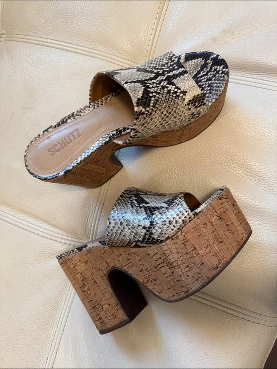 SCHUTZ Women's Snake Print & Cork Platform Mules - Size 7