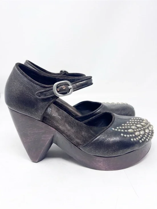 CALLEEN CORDERO BROWN LEATHER STUDDED ROIND TOE WOODEN PLATFORM CLOGS SHOES SZ 8