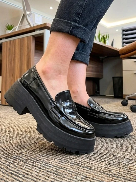 ASOS Design Black Patent Chunky Platform Loafers Lug Sole Women 7 Made In Italy