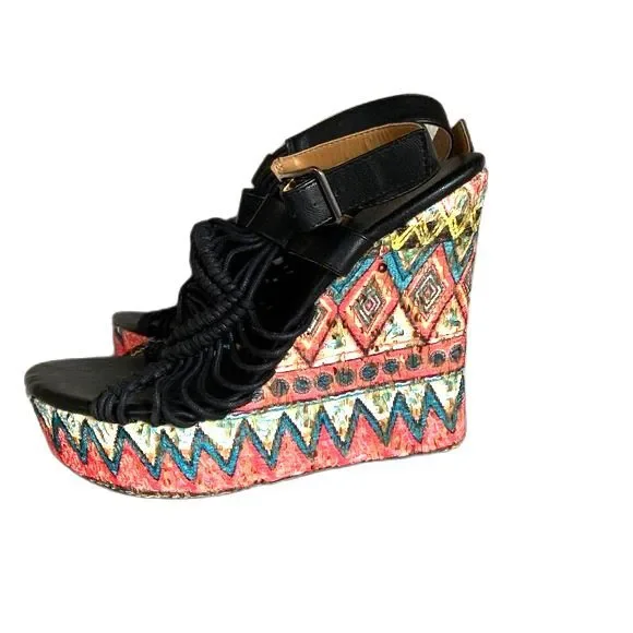 Dolce by Mojo Moxy Black Macrame Multicolor Wedge Heel Platform Sandals Size 10M