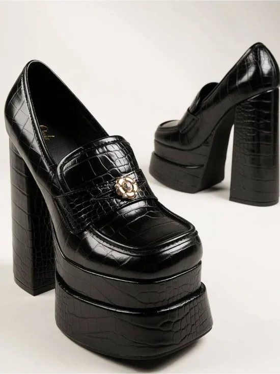 Platform Croc-Embossed Loafer Heels - Black