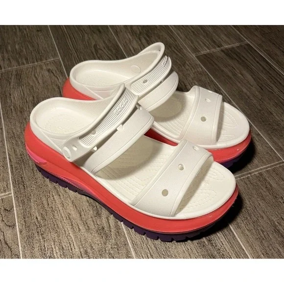 Crocs Crush Sandal Womens 9 White Pink Purple Excellent Platform Two Strap