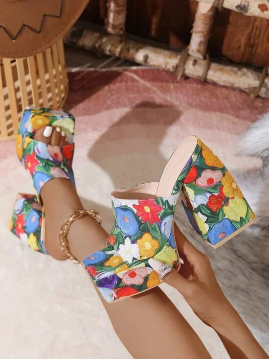 Blue Bohemian Women's floral High Heel Platform Sandals
