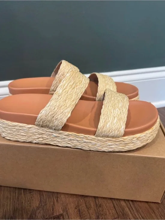Women's Natural Straw Double-Strap Platform Slide Sandals - Cream