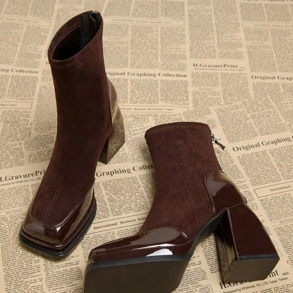 Burgundy Elegant Women's Waterproof Platform High Heel Boots