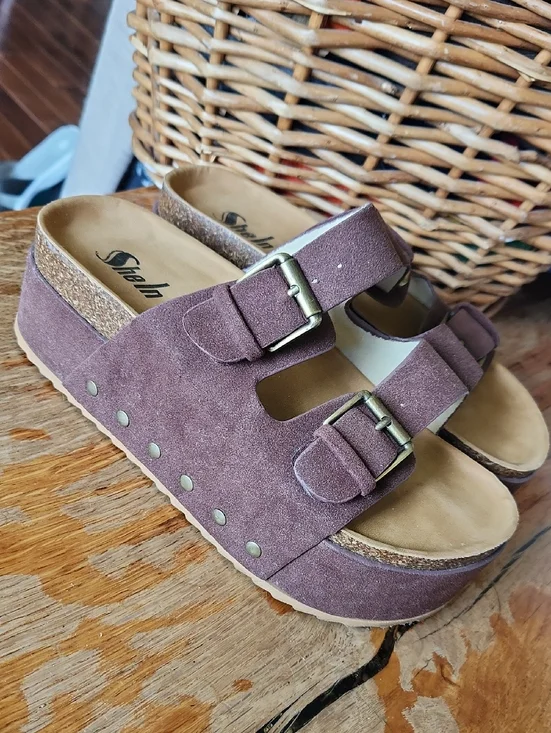 Women's sz 8 BOHO Buckle Platform Slides Sandals Brown‎
