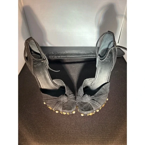 Guess Black Suede Studded Platform Heels Knot Peep Toe Ankle‎ Strap Pumps 8M