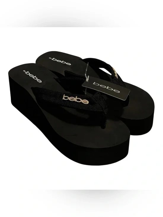 bebe Black Platform Flip-Flop Sandals with Rhinestone Logo