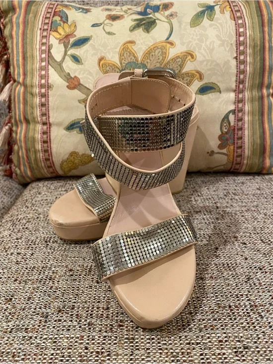 Stuart Weitzman Nude Platform Sandals with Silver Rhinestone Straps